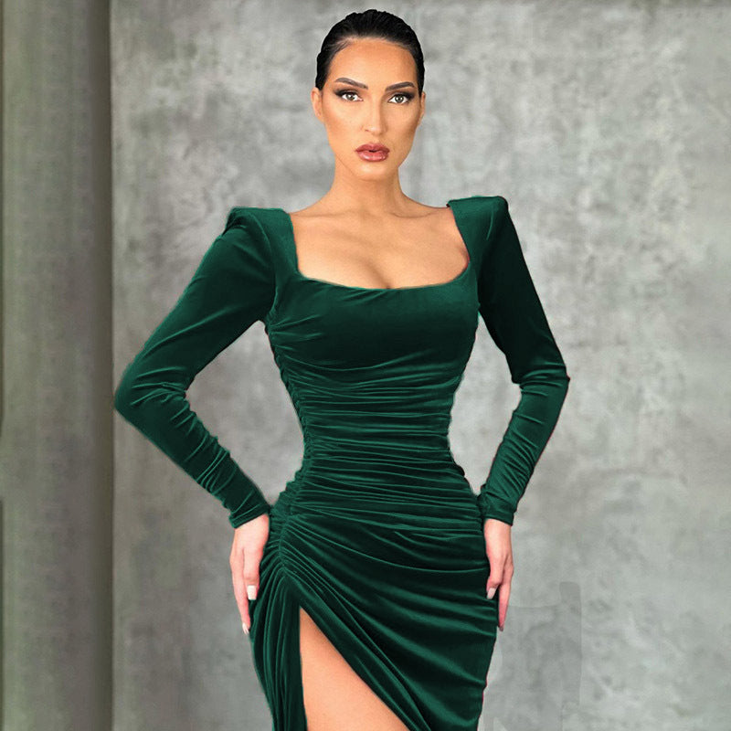 Black Formal Dresses Women with Velvet Texture in Dark Green#colour_dark-green