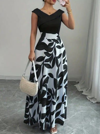 Maxi Dress Printed V neck | Short Sleeves Bold Abstract Pattern in Black#colour_black