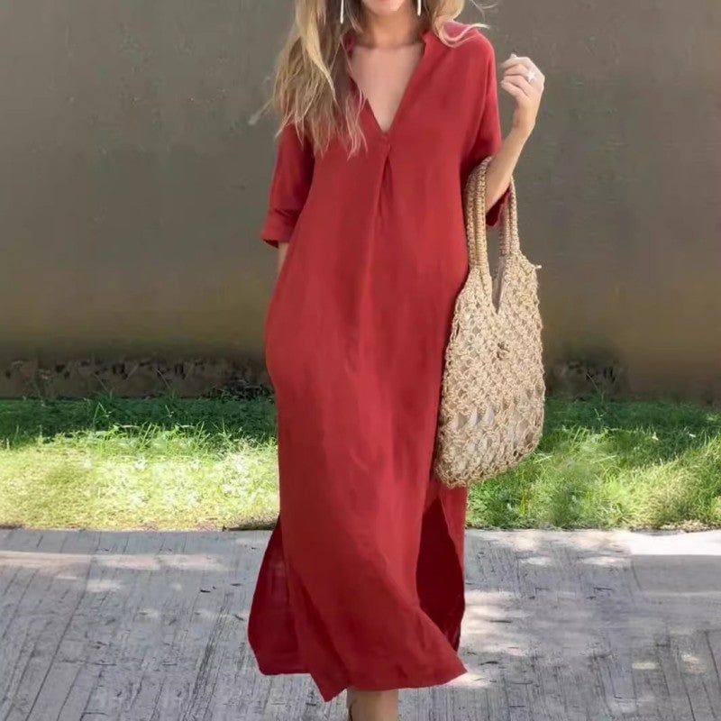 Midi Sundress Women with Full Length in Red#colour_red
