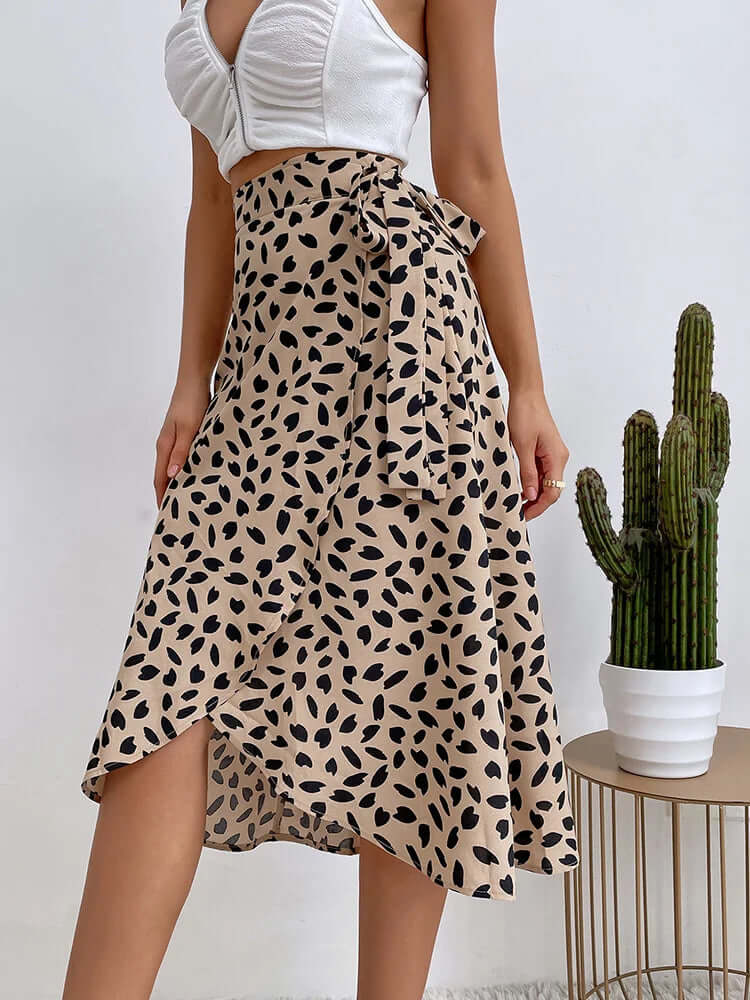 Midi Skirt Women Wrap Front | Tie Waist and an Abstract Print – Khaki #colour_khaki