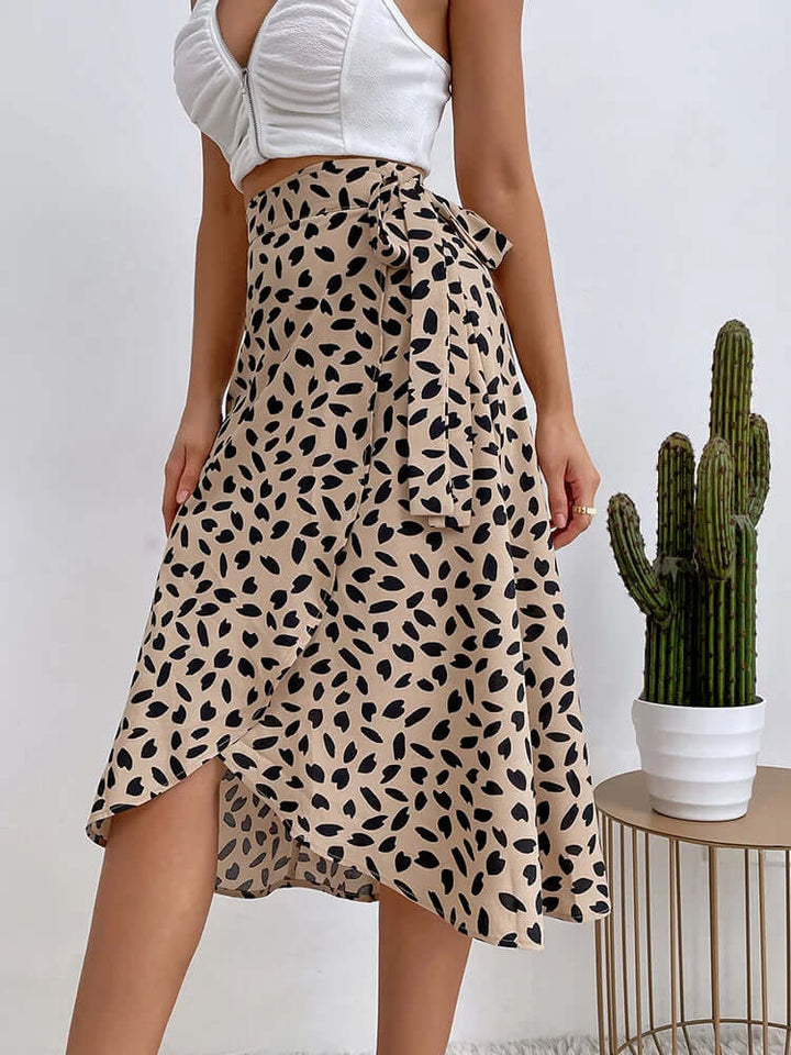 Midi Skirt Women Wrap Front | Tie Waist and an Abstract Print – Khaki #colour_khaki