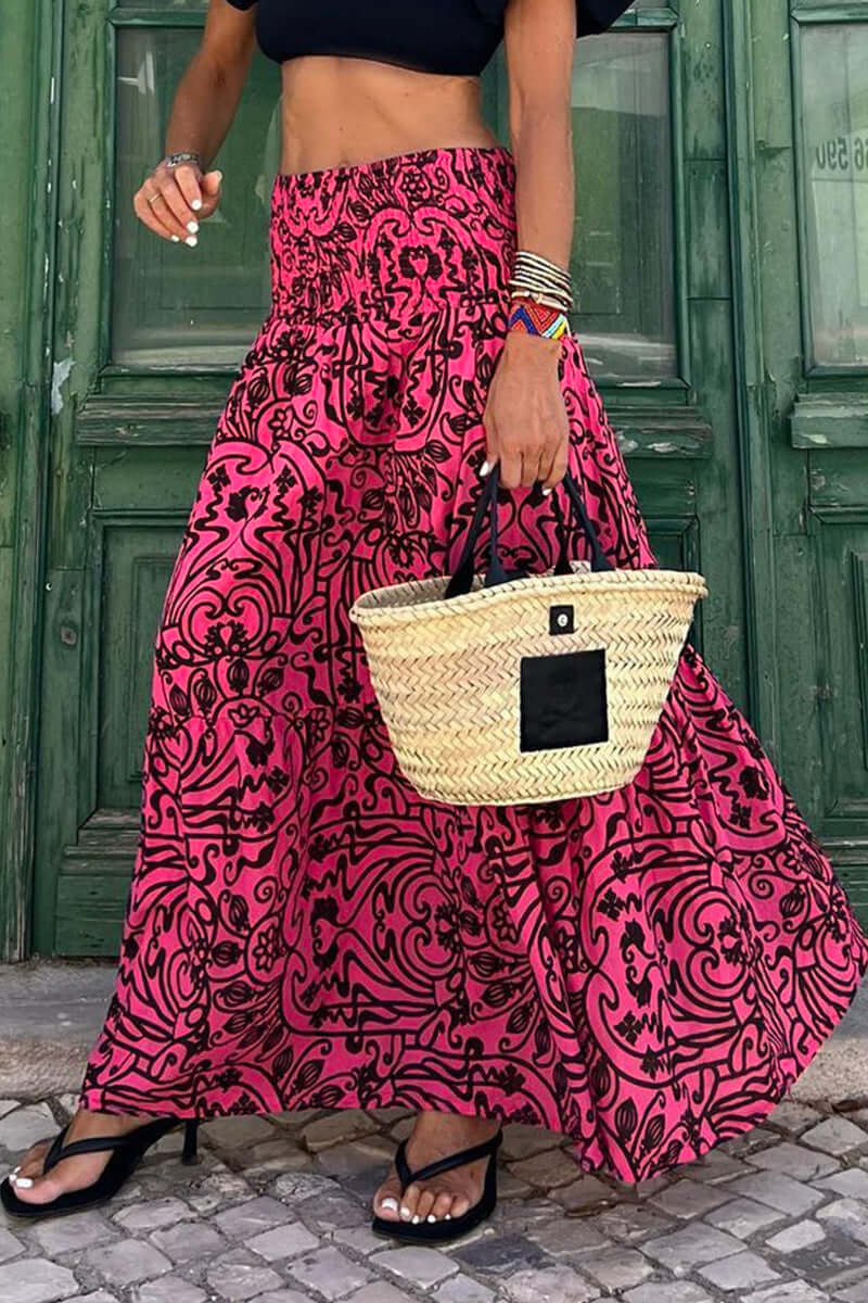 Midi Skirt Women Ornamental Print | Smocked Elasticated Waist – Magenta #colour_magenta