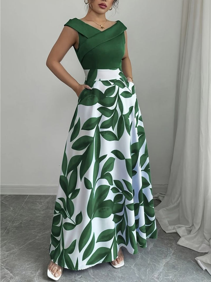 Maxi Dress Printed V neck | Short Sleeves Bold Abstract Pattern in Green#colour_green