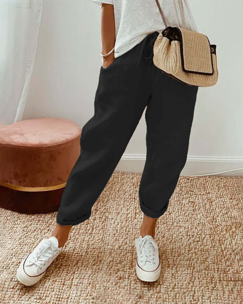 Linen Pants Women Drawstring Waist | Tapered Leg and a Folded Cuff – Black #colour_black