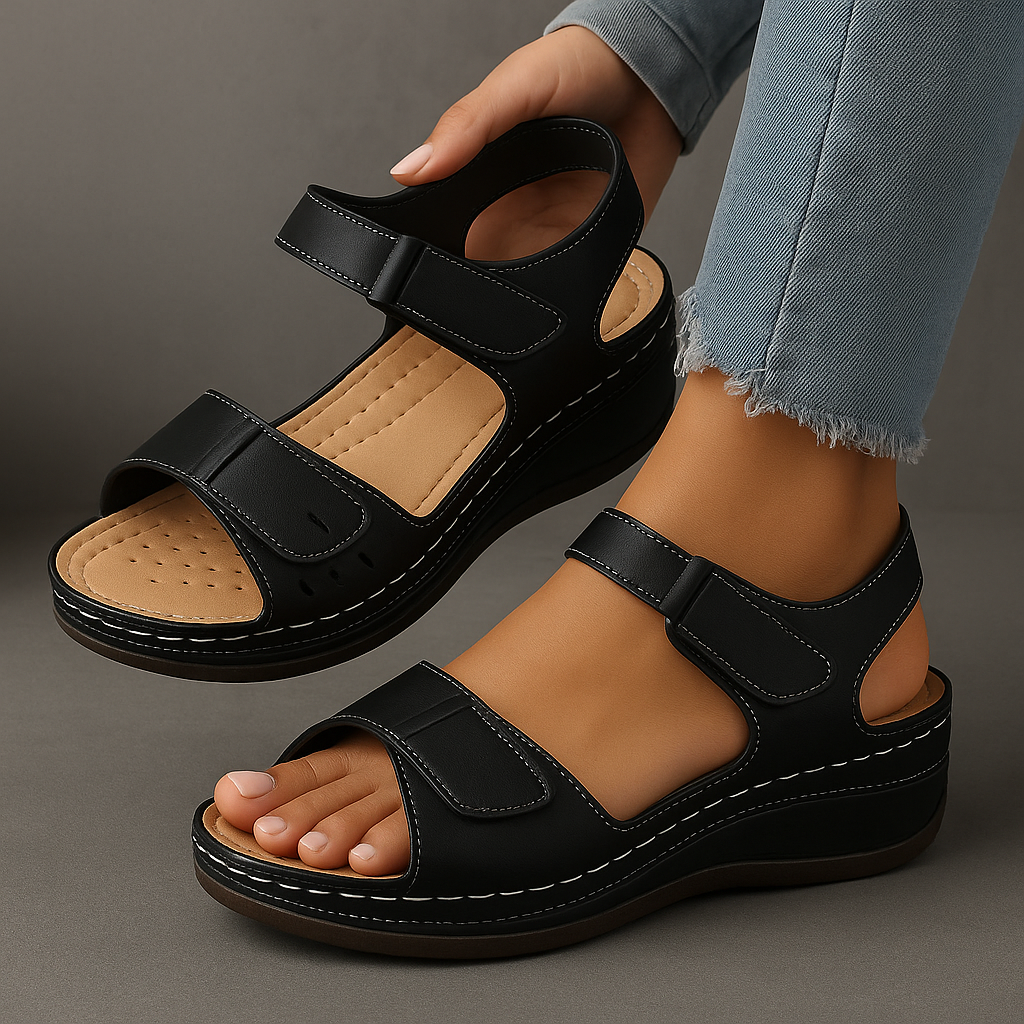 Sandals Women Studded Straps | Soft Leather Wedge Footbed – Black #colour_black