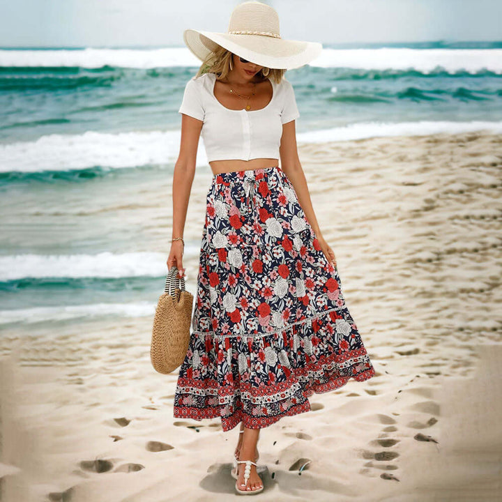 Maxi Skirt Women Paisley Print | Tiered Cut with Ruffled Hem – Red #colour_red