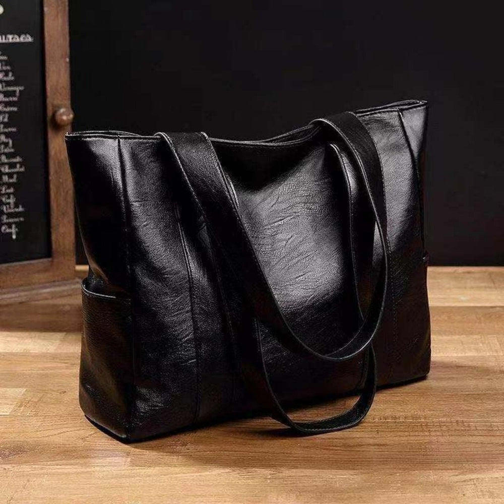 Tote Bag Women Structured Faux Leather | Twin Handles and Side Pockets in Black#colour_black