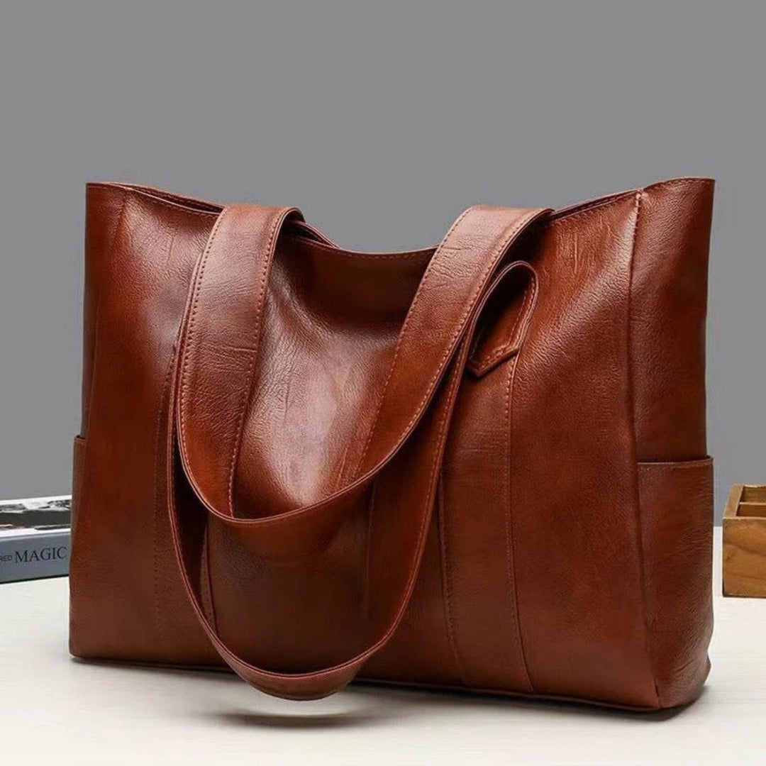 Tote Bag Women Structured Faux Leather | Twin Handles and Side Pockets in Brown#colour_brown