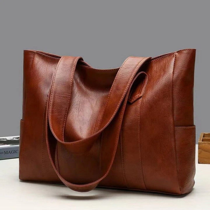 Tote Bag Women Structured Faux Leather | Twin Handles and Side Pockets in Brown#colour_brown