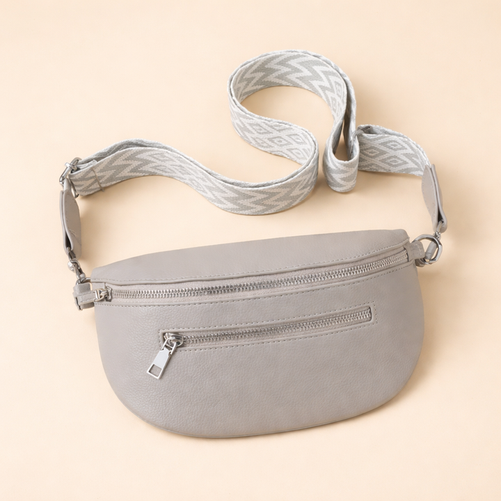 Belt Bag Women Half Moon Faux Leather | Geometric Woven Strap in Grey#colour_grey