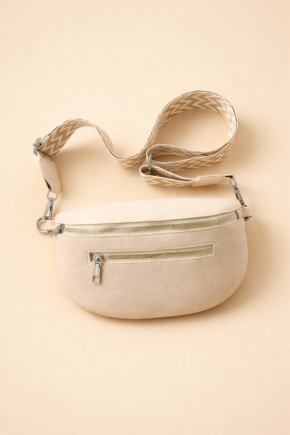 Belt Bag Women Half Moon Faux Leather | Geometric Woven Strap in Beige#colour_beige