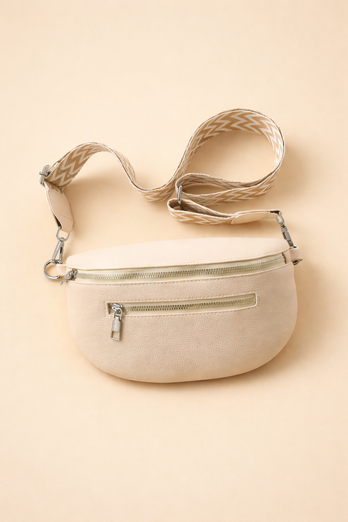Belt Bag Women Half Moon Faux Leather | Geometric Woven Strap in Beige#colour_beige