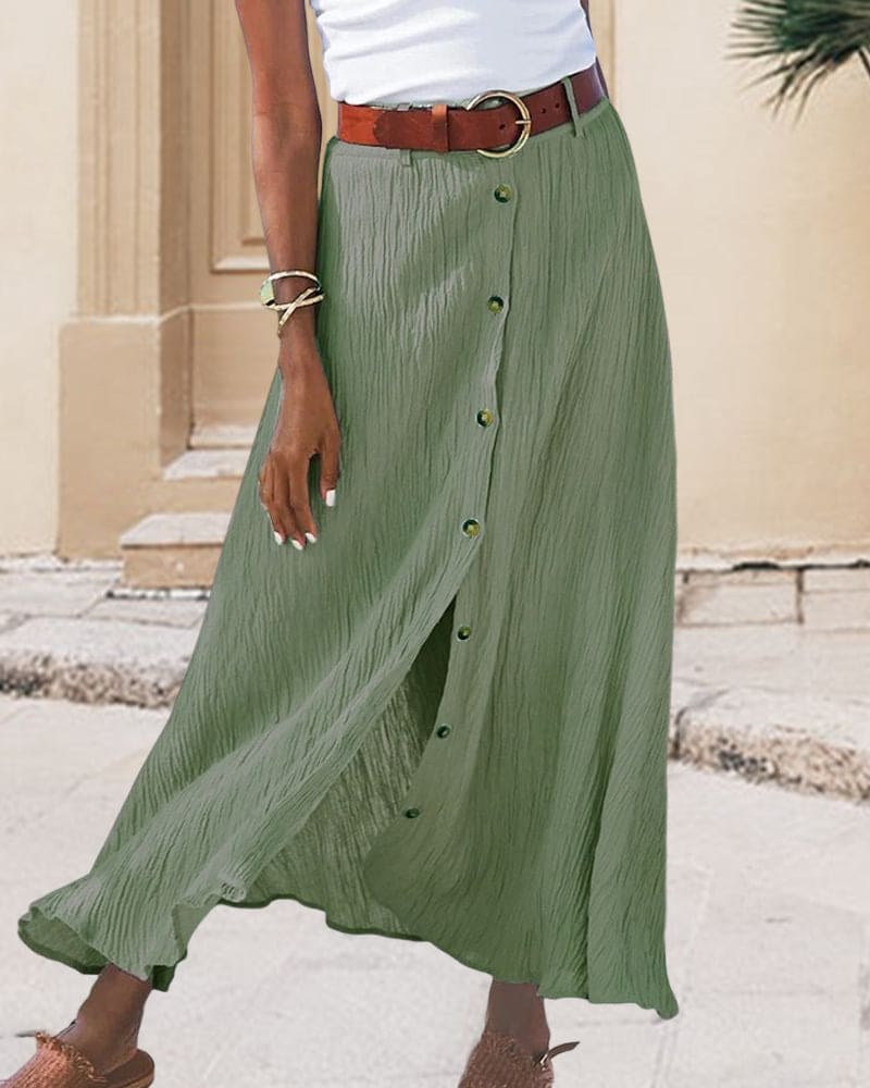 Maxi Skirt Women Button Front | Crinkled Cotton and Wide Belt – Green #colour_green