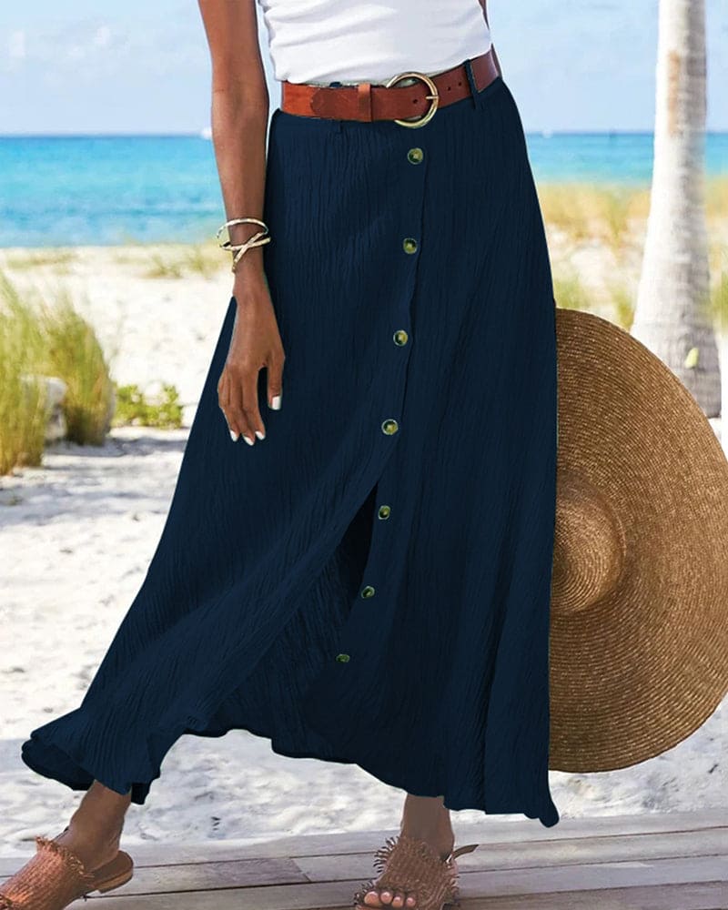 Maxi Skirt Women Button Front | Crinkled Cotton and Wide Belt – Blue #colour_blue