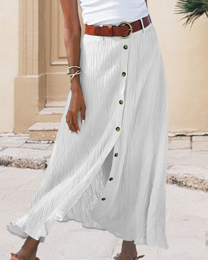 Maxi Skirt Women Button Front | Crinkled Cotton and Wide Belt – White #colour_white