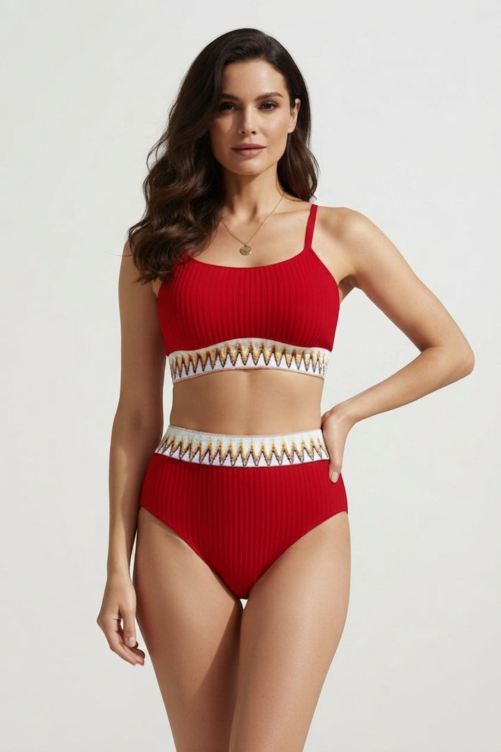 Bikini Ribbed Set | Contrast Trim Square Neck Top in Red#colour_red