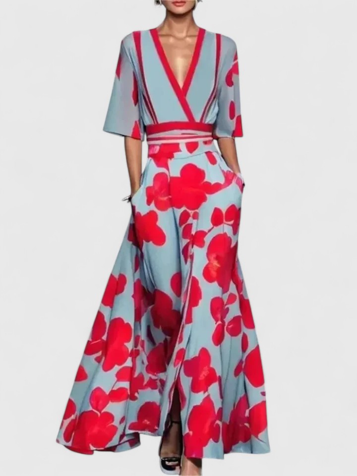 Party Dress Women Poppy Print | Kimono Sleeves and Contrast Trim – Red #colour_red