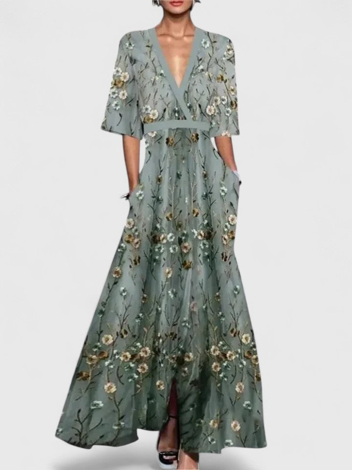 Party Dress Women Poppy Print | Kimono Sleeves and Contrast Trim – Sage #colour_sage