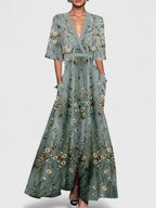 Party Dress Women Poppy Print | Kimono Sleeves and Contrast Trim – Sage #colour_sage