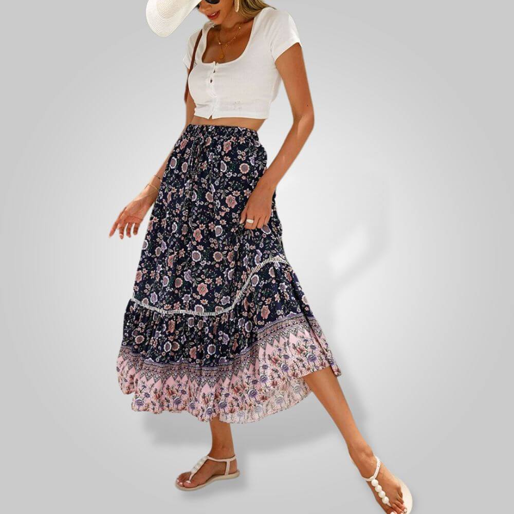 Maxi Skirt Women Paisley Print | Tiered Cut with Ruffled Hem – Navy #colour_navy