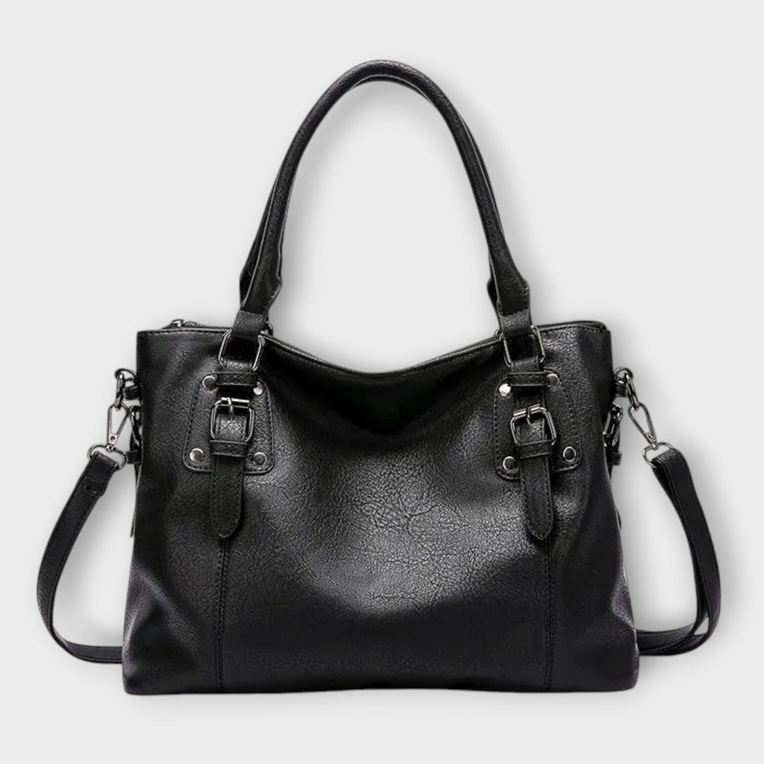 Shoulder Bag Women Buckle Straps | Structured Body with Zip Top – Black #colour_black