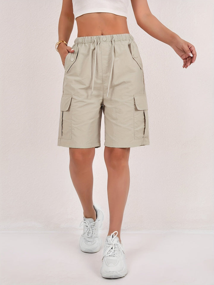 Shorts Cargo Bermuda Women | Utility Pockets Elastic Waist in Khaki#colour_khaki