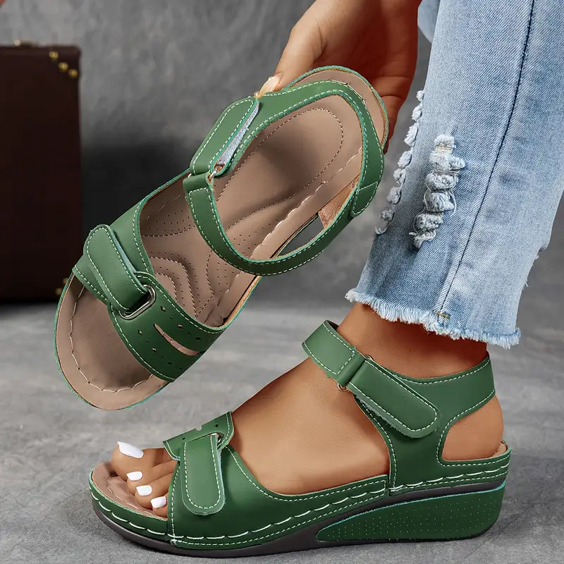 Sandals Women Studded Straps | Soft Leather Wedge Footbed – Green #colour_green