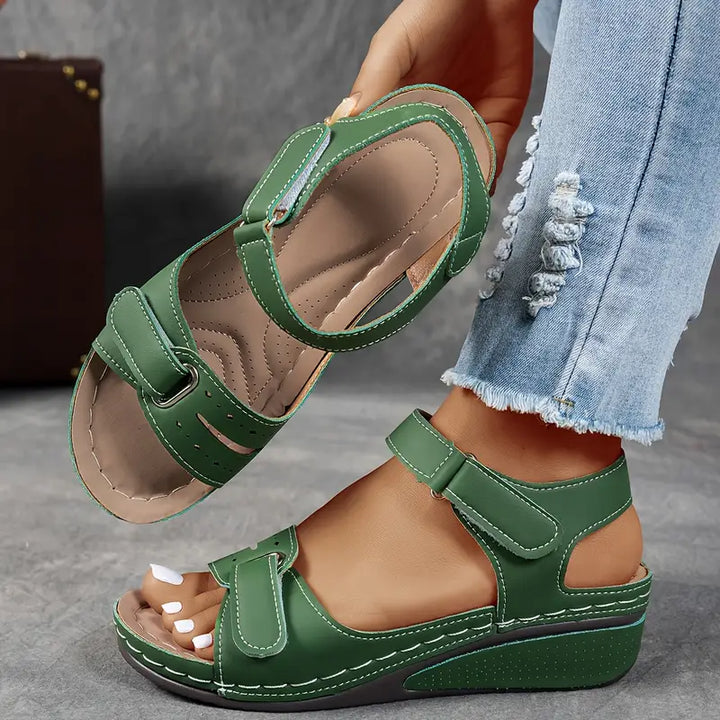 Sandals Women Studded Straps | Soft Leather Wedge Footbed – Green #colour_green