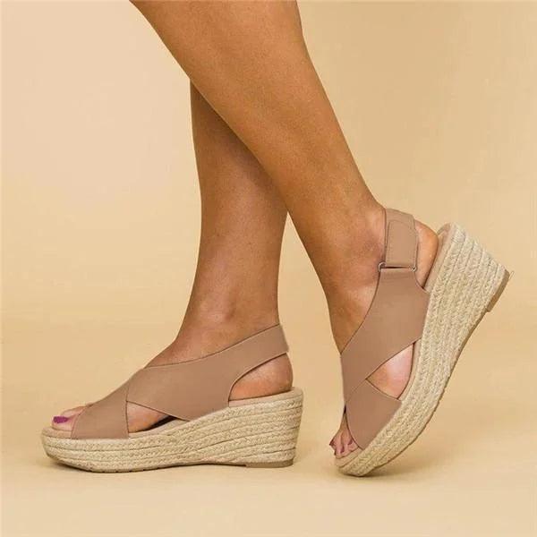 Sandals Women Crossed Vamp | Elegant Jute Wrapped Wedge Slingback – Beige #colour_beige