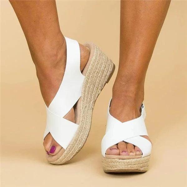 Sandals Women Crossed Vamp | Elegant Jute Wrapped Wedge Slingback – White #colour_white