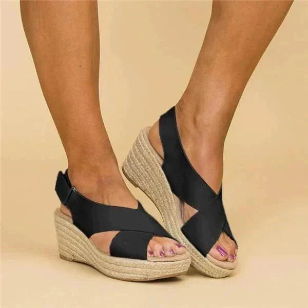 Sandals Women Crossed Vamp | Elegant Jute Wrapped Wedge Slingback – Black #colour_black