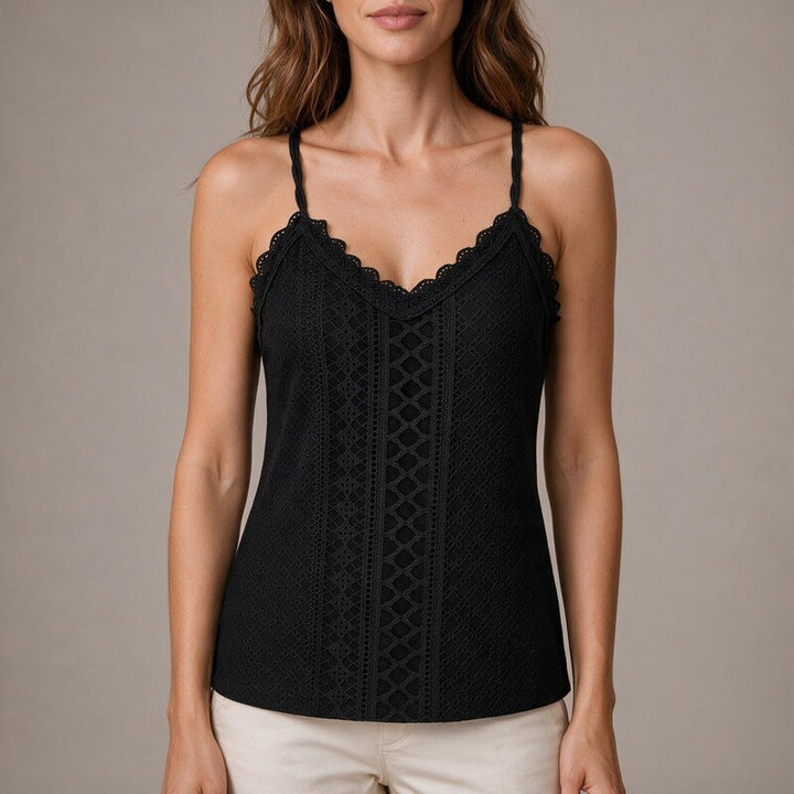Cami Top Women Lace Trim | Delicate Scalloped V Neck #colour_black