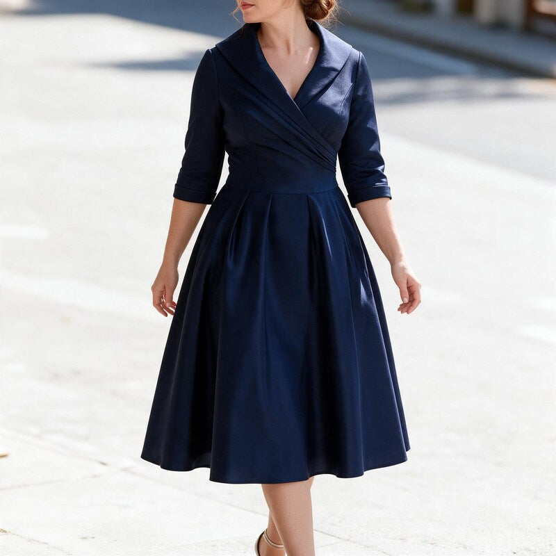 Cocktail Dresses for Wedding Shawl Wrap Collar | Pleated A Line Knee Length in Navy#colour_navy