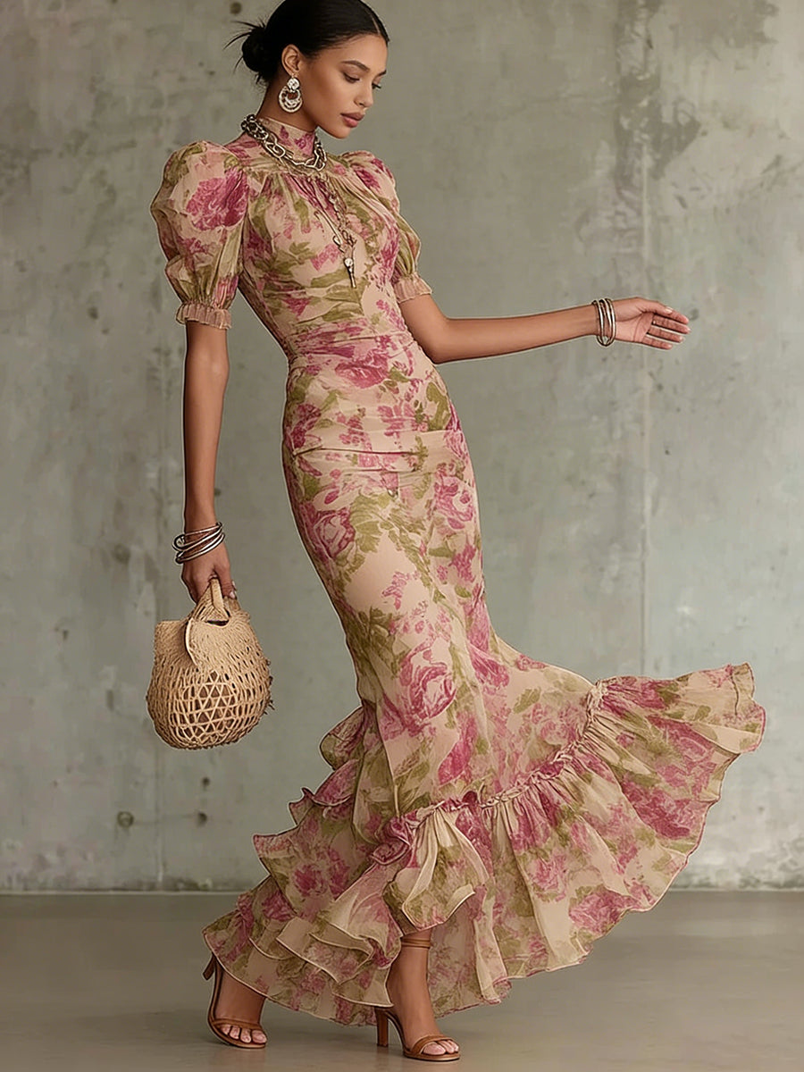 Cocktail Dress Women Floral Chiffon | Elegant Puff Sleeve Mermaid#colour_pink