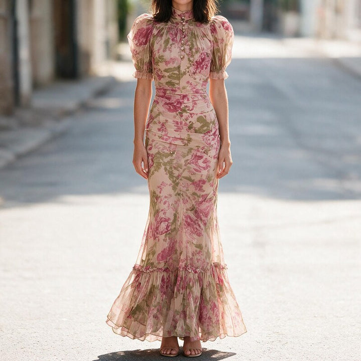 Cocktail Dress Women Floral Chiffon | Elegant Puff Sleeve Mermaid#colour_pink
