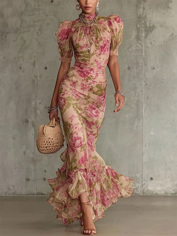Cocktail Dress Women Floral Chiffon | Elegant Puff Sleeve Mermaid#colour_pink
