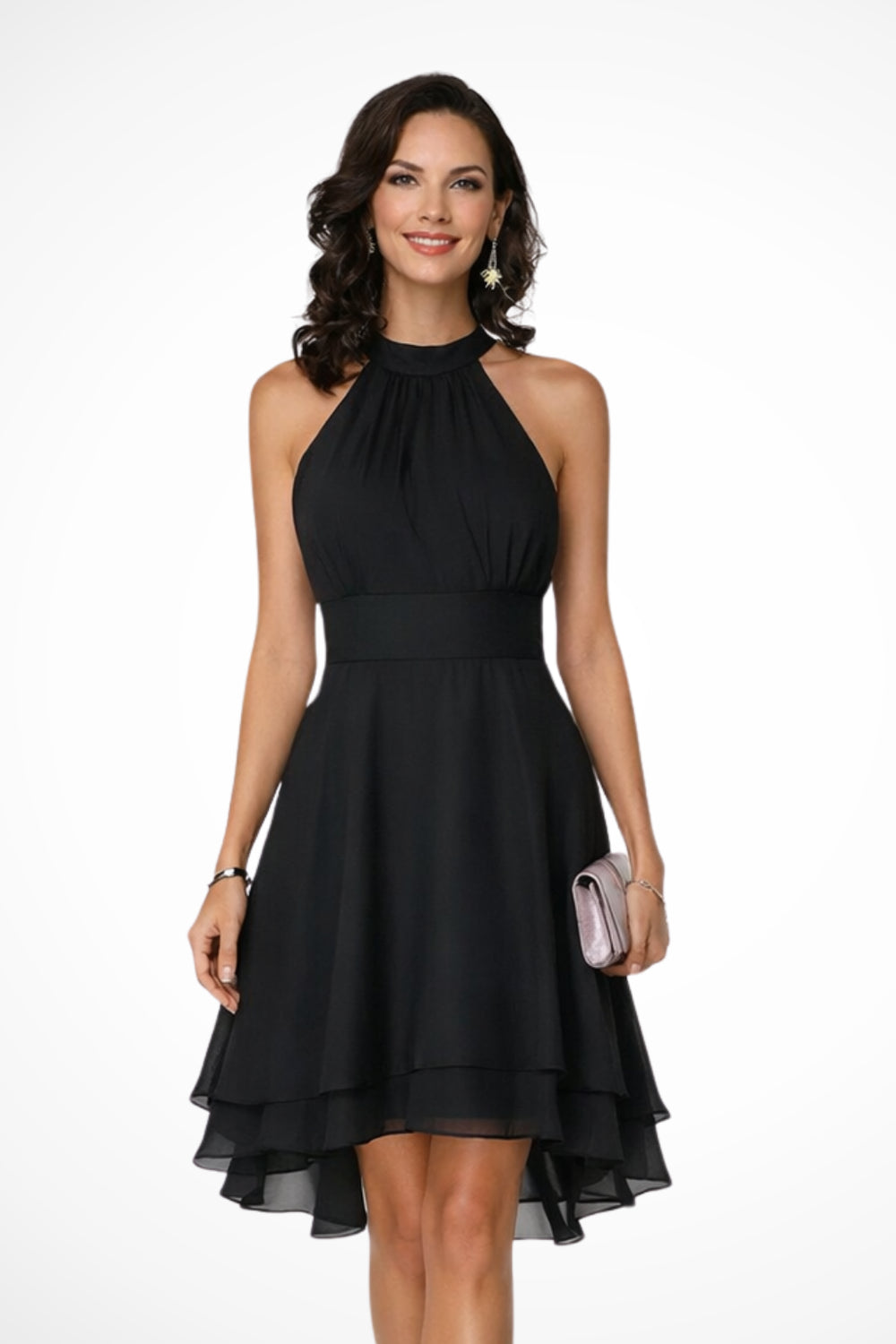 Cocktail Dress Women Halter Neck | Soft Layered Chiffon Midi#colour_black