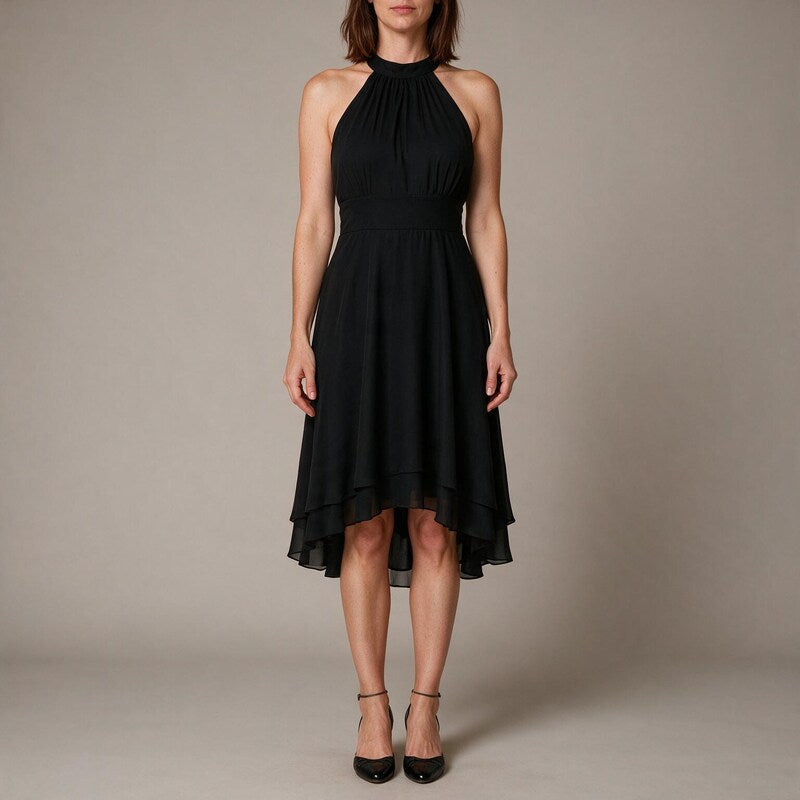 Cocktail Dress Women Halter Neck | Soft Layered Chiffon Midi#colour_black