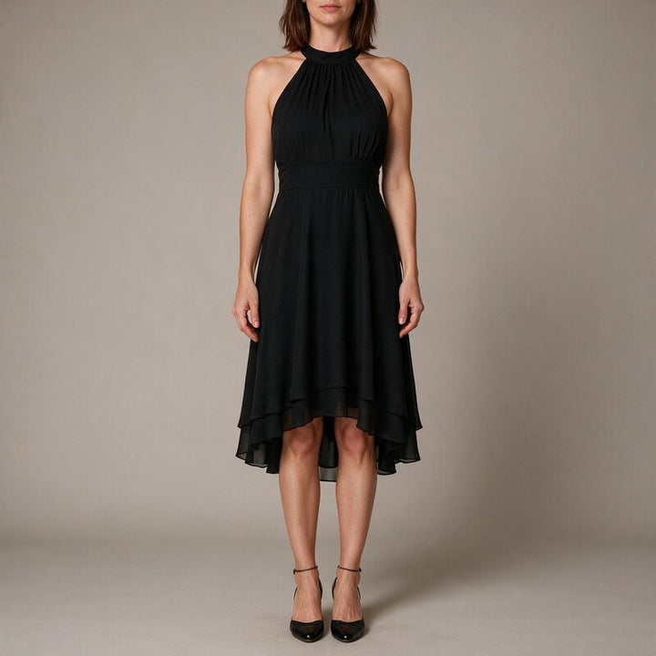 Cocktail Dress Women Halter Neck | Soft Layered Chiffon Midi#colour_black