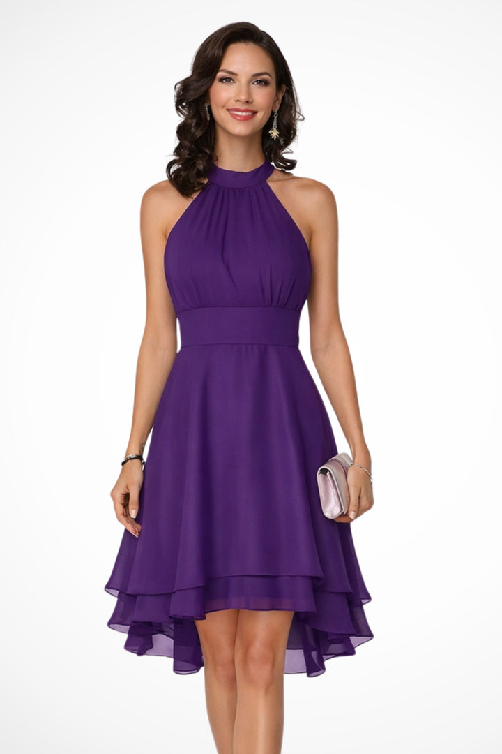 Cocktail Dress Women Halter Neck | Soft Layered Chiffon Midi#colour_purple