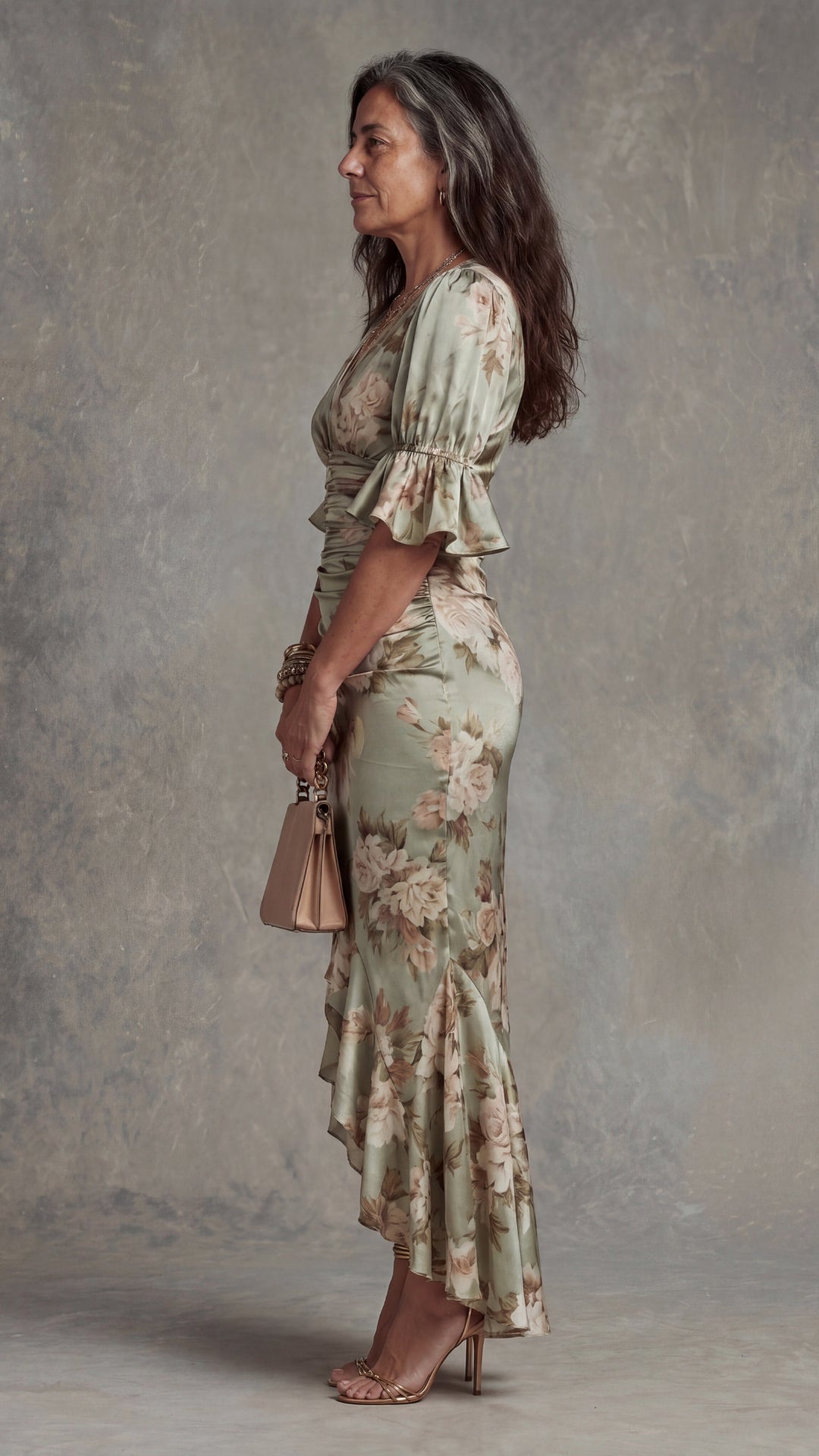 Cocktail Dress Women Ruffled Hem | Soft Floral V Neck Maxi Length#colour_sage