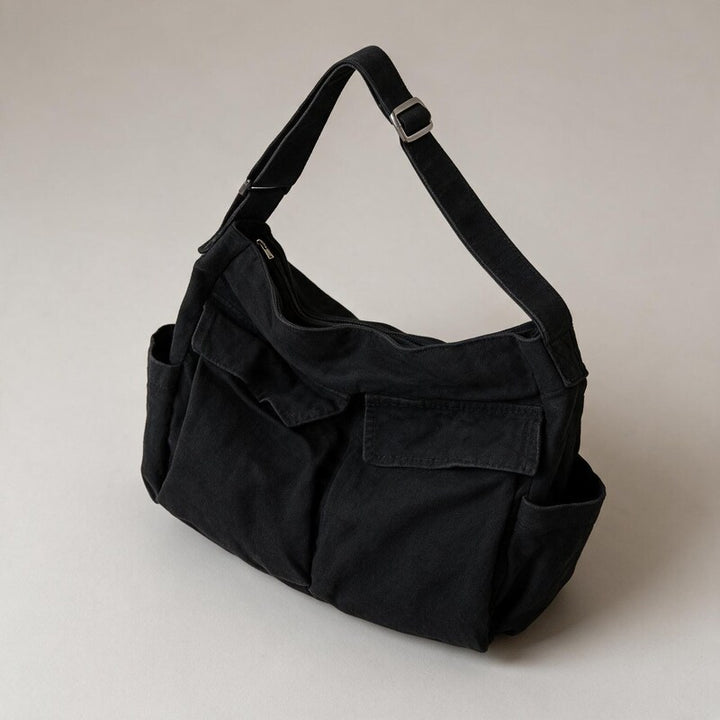 Crossbody Bag Women Slouchy Canvas | Wide Strap and Flap Pockets #colour_black
