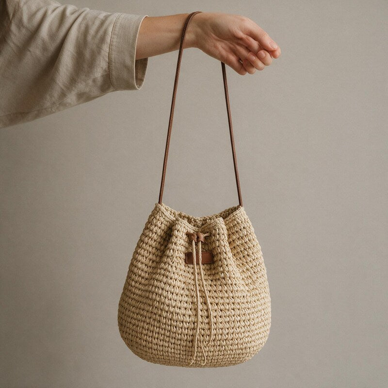Crossbody Bag Women Woven Straw | Rounded Bucket Shape #colour_beige