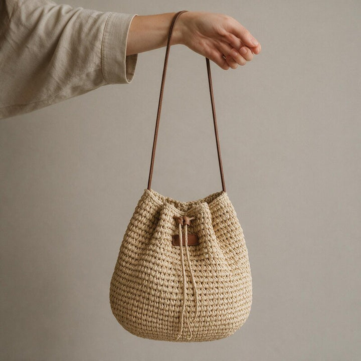 Crossbody Bag Women Woven Straw | Rounded Bucket Shape #colour_beige
