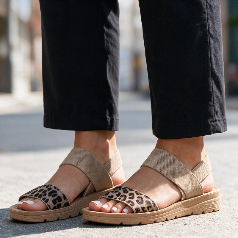 Flat Sandals Women Leopard Print | Chic Cross Strap Thick Sole #colour_camel