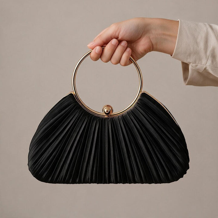 Handbag Women Pleated Evening | Round Ring Handle #colour_black