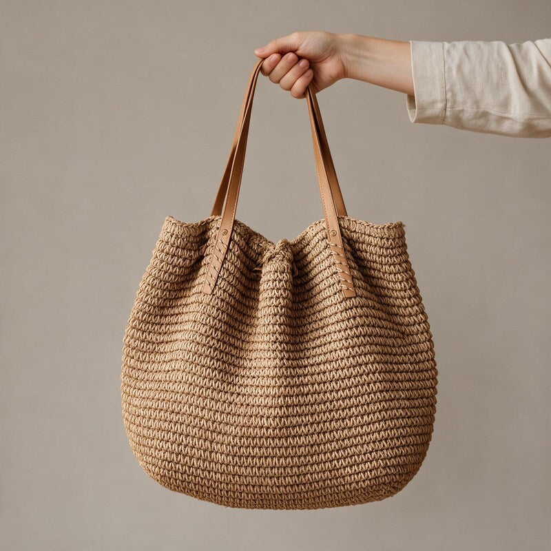 Handbag Women Straw Beach Tote | Woven Drawstring Top #colour_brown