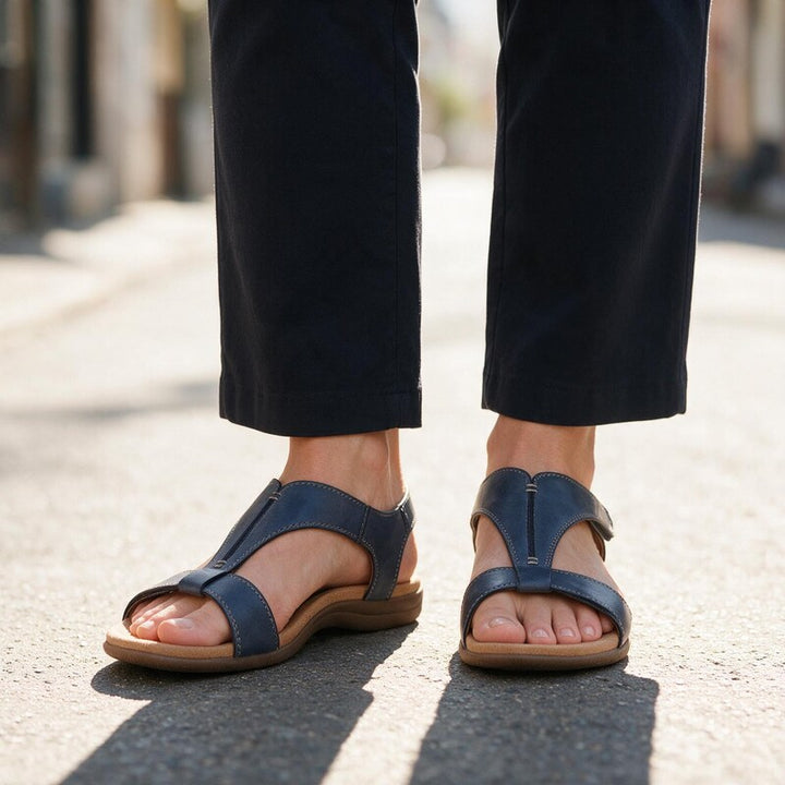 Leather Sandals Women T Strap | Soft Arch Support Footbed #colour_navy