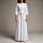 Linen Dress Women Balloon Sleeves | Self Tie Belt at the Waist #colour_white