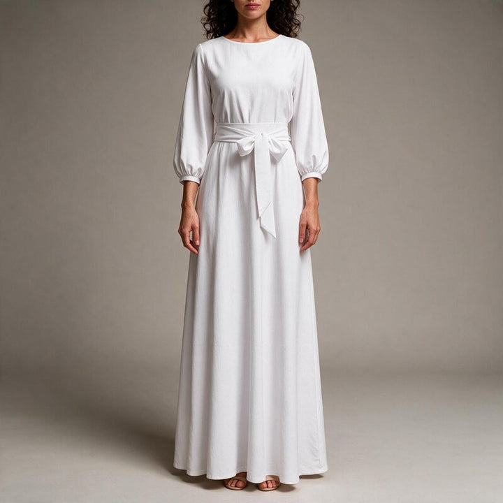 Linen Dress Women Balloon Sleeves | Self Tie Belt at the Waist #colour_white